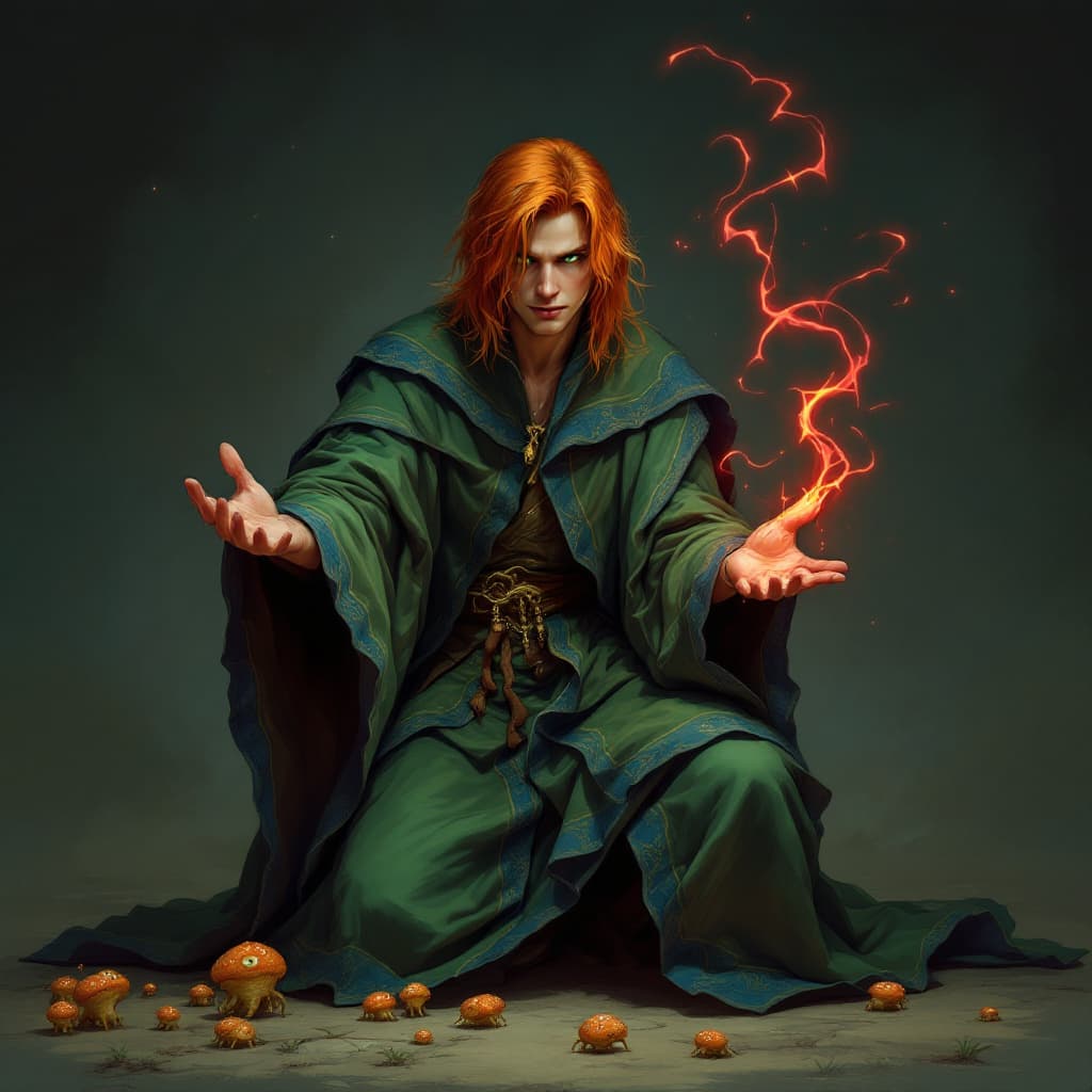 AI generated: Orange-haired wizard (straighter hair and greenish eyes) in his early 20s in classic mage robes, gre...