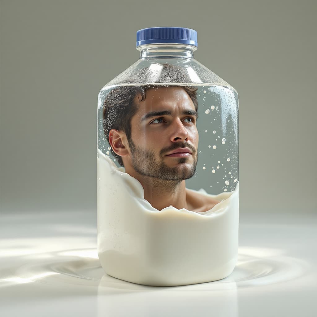 AI generated: A modern hexagonal plastic bottle, half-filled with smooth, glossy milk, featuring a man suspended i...