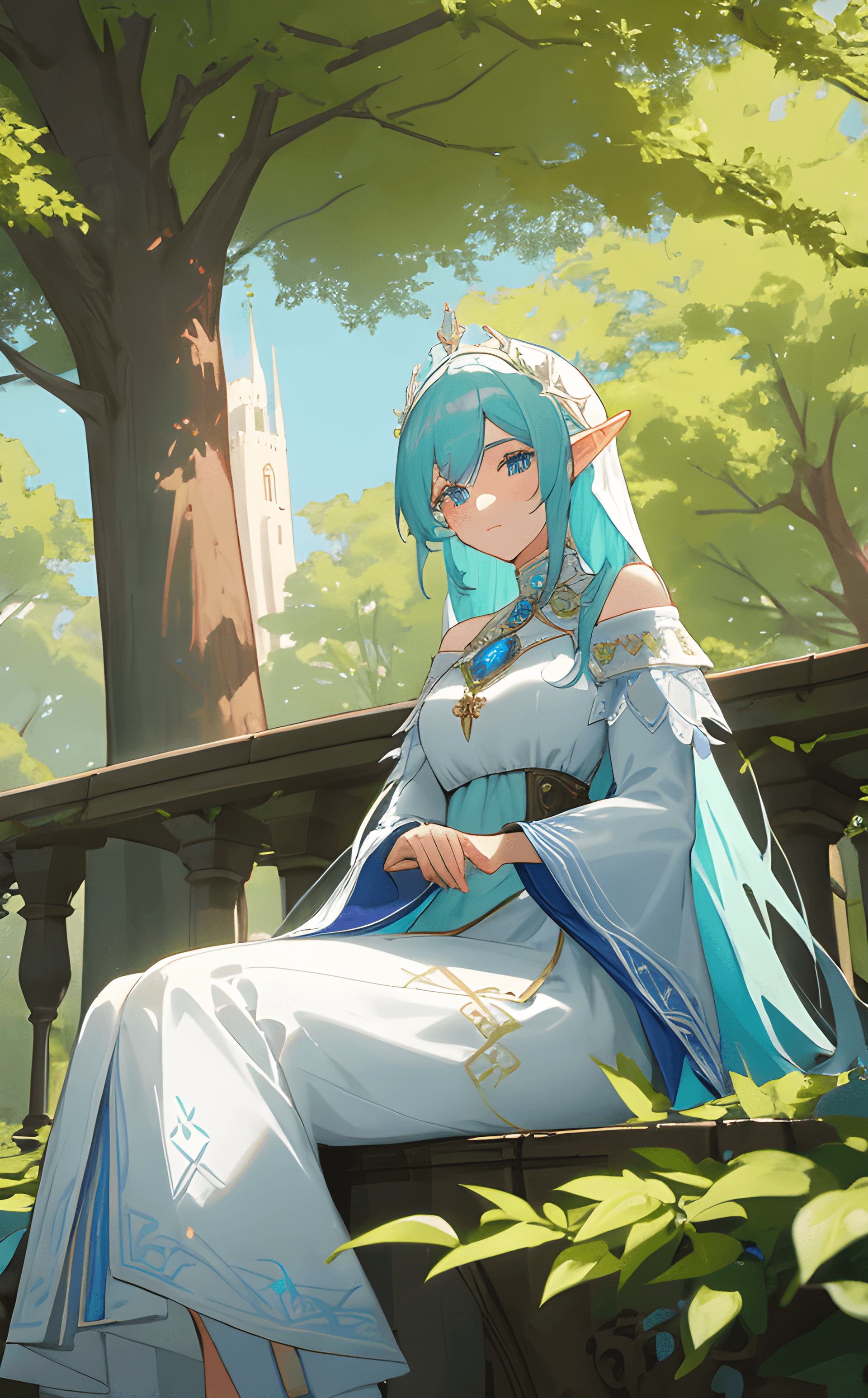 AI generated: magv1ll, beautiful elf lady in royal ornate white dress, medieval city park, tree, fantasy<lora:sxz-...