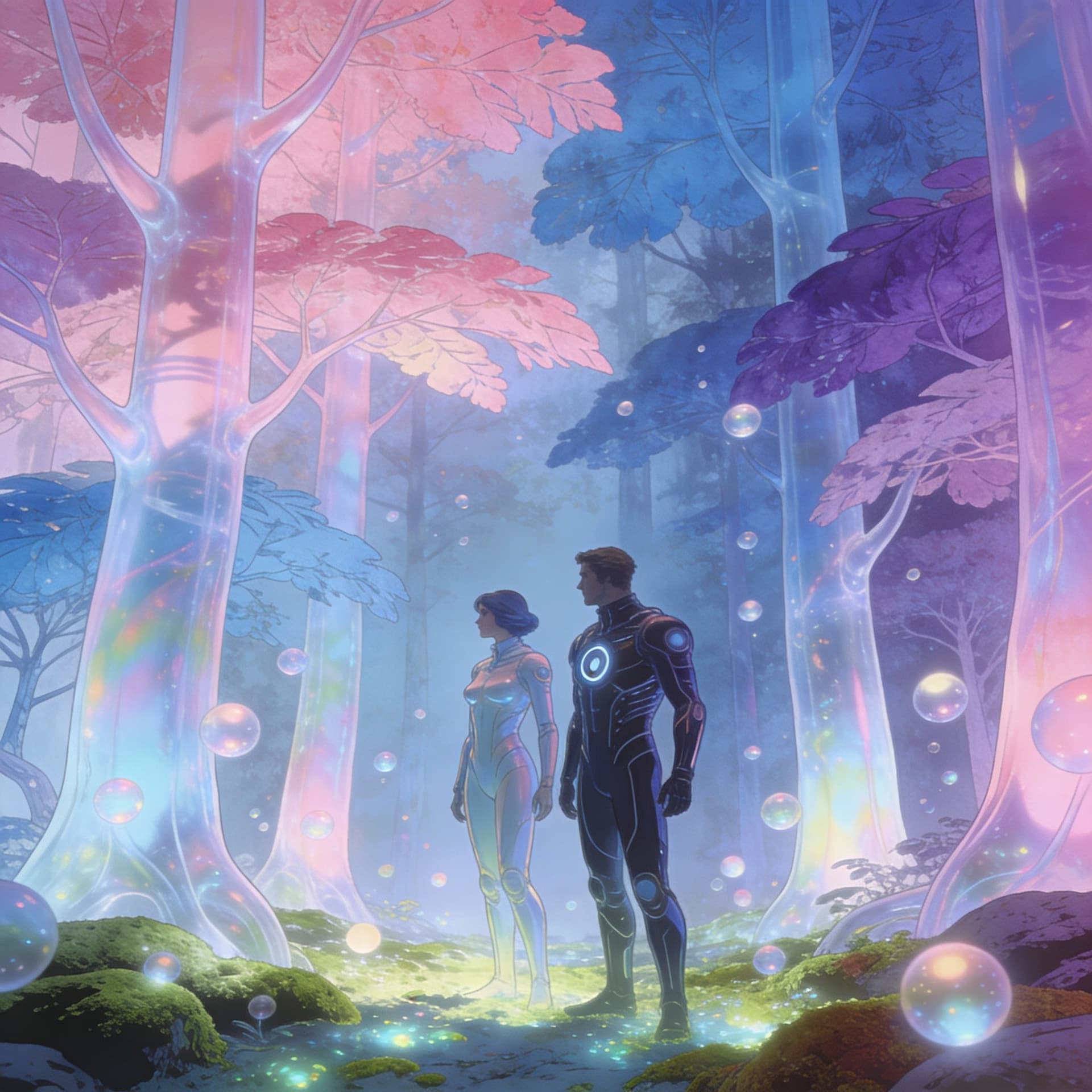 AI generated: The moebius art style unveils a mesmerizing scifi couple  in the mesmerizing beauty of the opalescen...