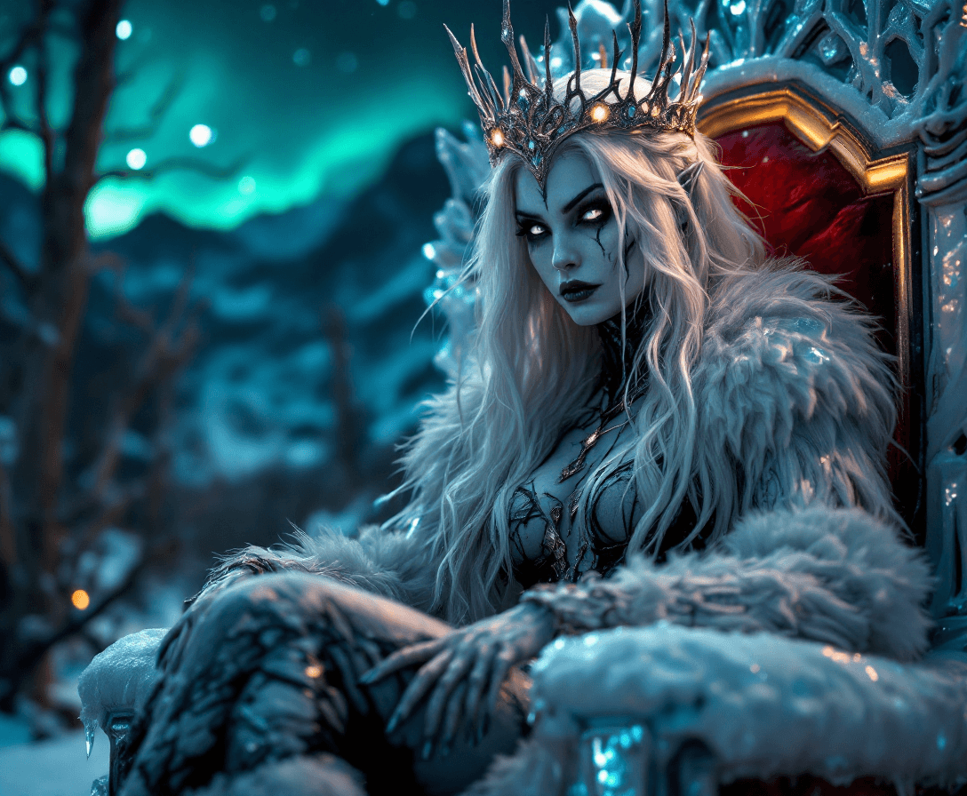 AI generated: 4K, magazine photo shoot quality image of a beautiful 23-year-old platinum blonde ice witch with pie...