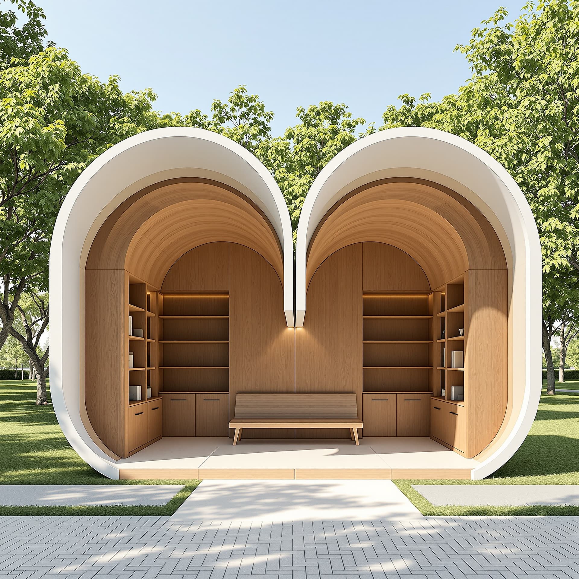 AI generated: "A modern and elegant outdoor reading station in a tranquil park. The external form of the station d...