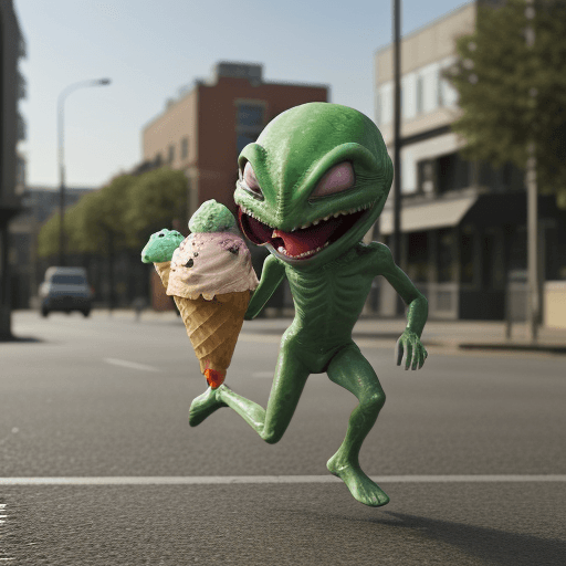 AI generated: Realistic green Alien running away with ice-cream and running past the police