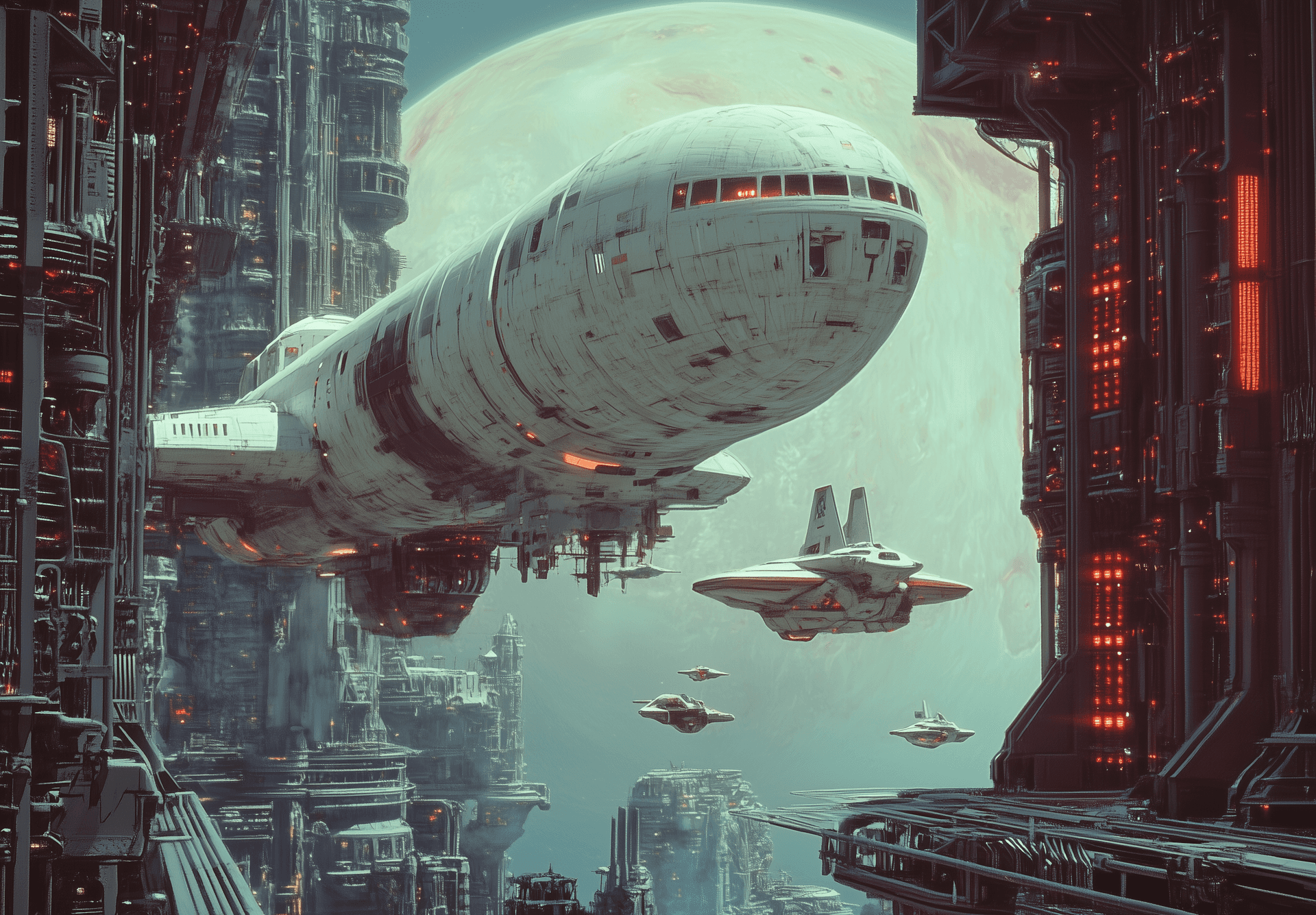 AI generated: Cinematic still of a space station orbiting an alien planet, with a large white spaceship in the bac...