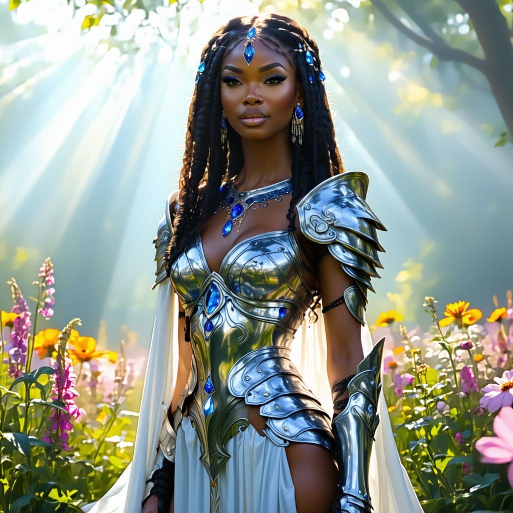 AI generated: hyperrealistic full length portrait of gorgeous goddess | standing in field full of flowers | detail...