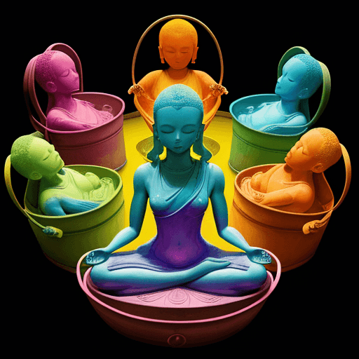 AI generated: High resolution image of five coloured, layer bucket in the shape of human meditating. The image sha...