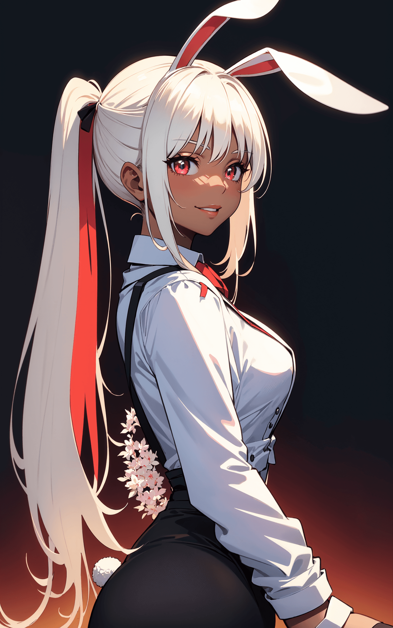 AI generated: 1girl,mature female,((dark skin:1)),((dynamic pose)),(((bunny ears))),standing,(two-tone hair:1),(wh...