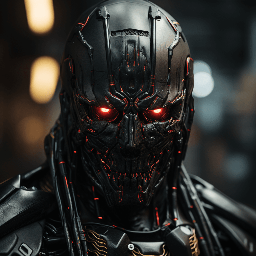 AI generated: black scary robot with red glow eyes, cinematic lighting, sharp focus, --s 500 --ar 1:1