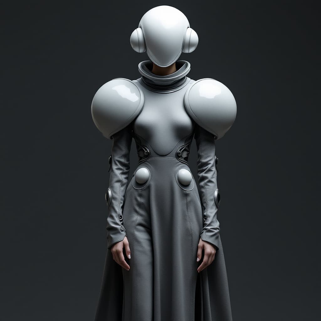 AI generated: A model wearing an avant-garde dress with a futuristic helmet, standing in front of a dark grey back...