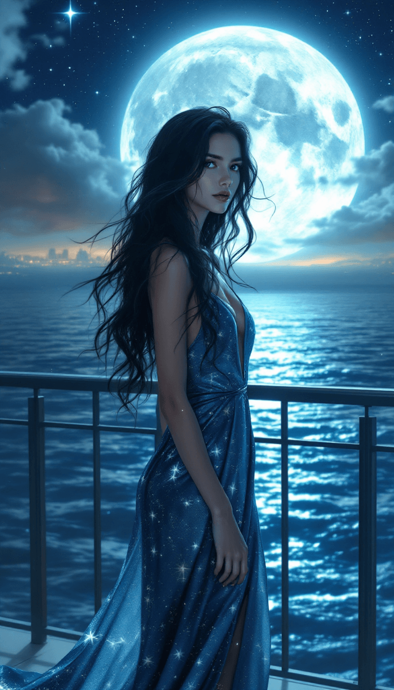 AI generated: A breathtaking young woman with long, flowing wavy black hair stands on a rooftop balcony.