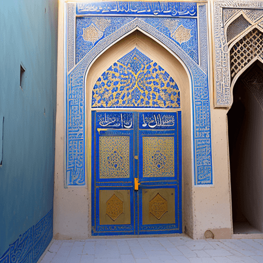AI generated: A 3 floor building in Isfahan, nearby a mosque, end of a small alley, at noon.
