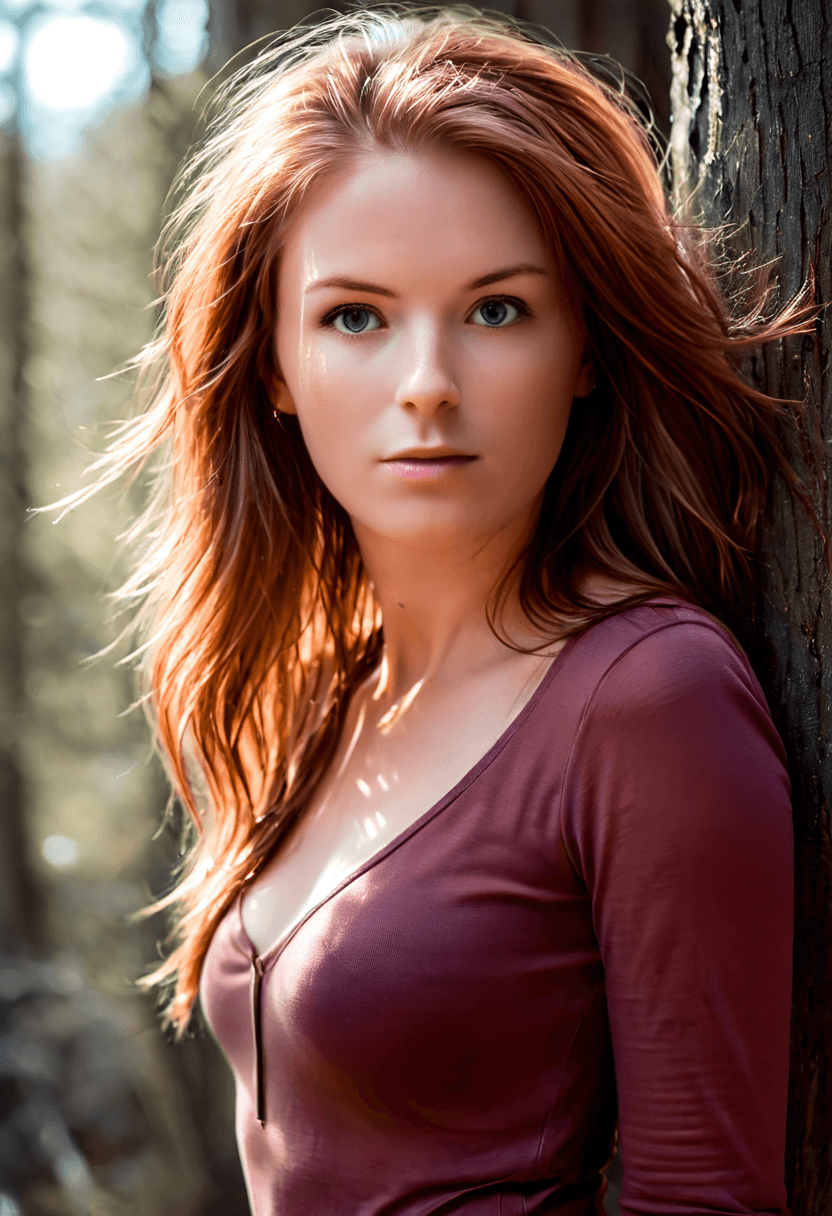 AI generated: This is a photograph, from a slight angle, of a woman posing for the viewer with her hand in her dar...