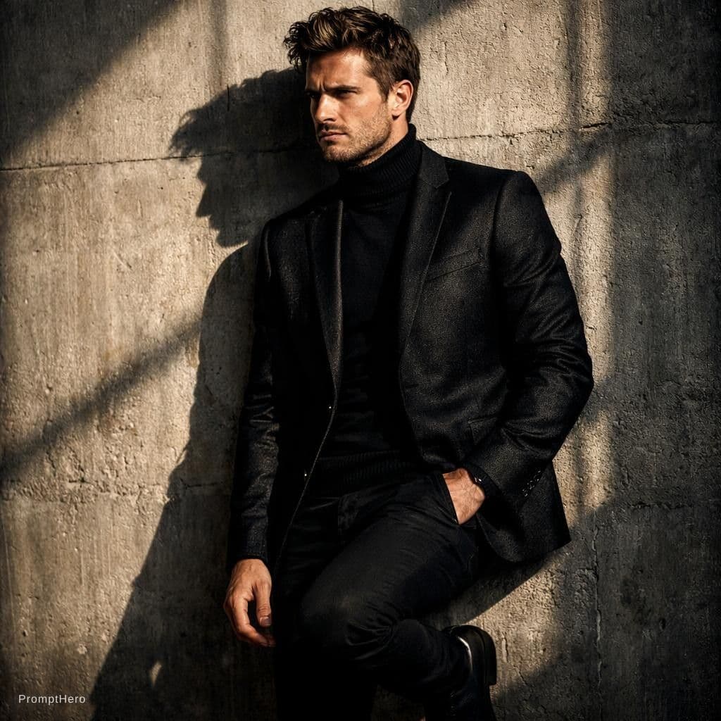 AI generated: this as A man in a tailored black
blazer and turtleneck stands against a
concrete wall. One foot u...