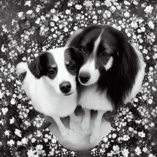 AI generated: a photorealistic portrait of a little black and white dog, surrounded by Angela in Heaven, beautiful...