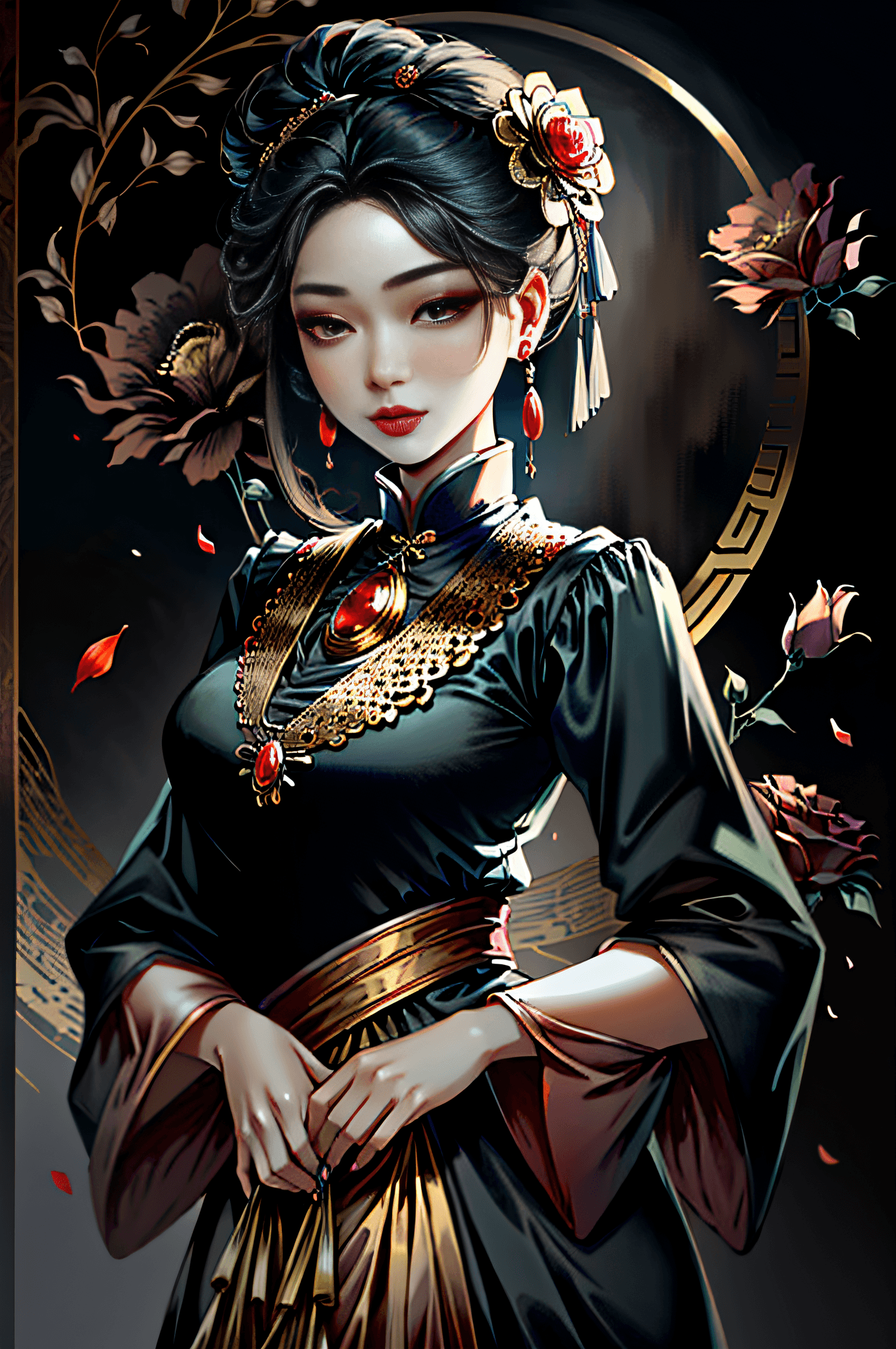 AI generated: Paint_Style, 1girl, solo, looking at viewer, black hair, hair ornament, long sleeves, dress, holding...