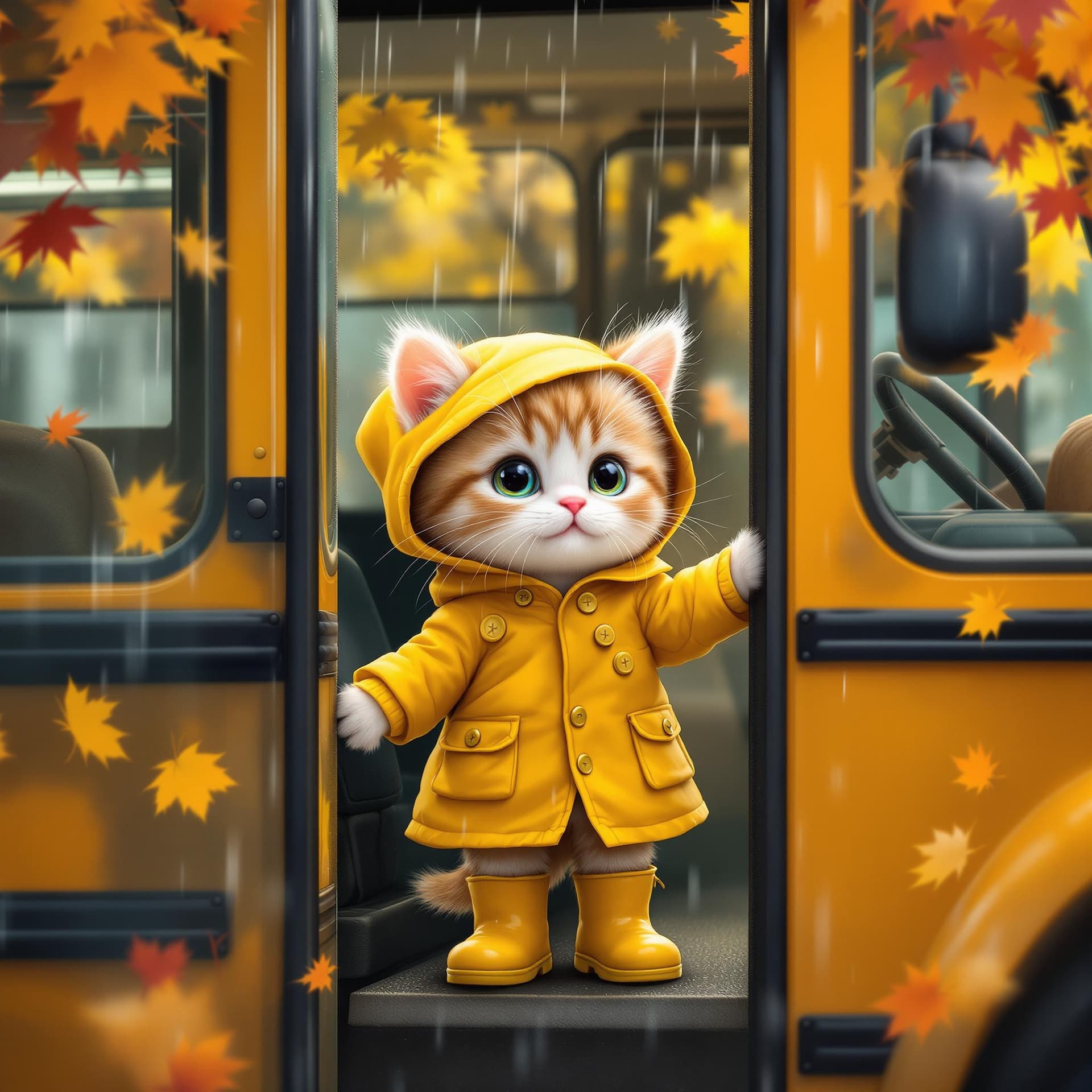 AI generated: anthropomorphic cute kitten wearing a yellow raincoat and yellow boots getting on the school bus on ...