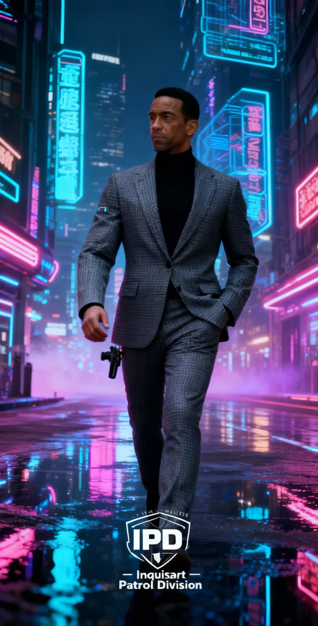AI generated: A single futuristic detective in a tailored suit walks through a neon-lit sci-fi city. Cinematic rea...