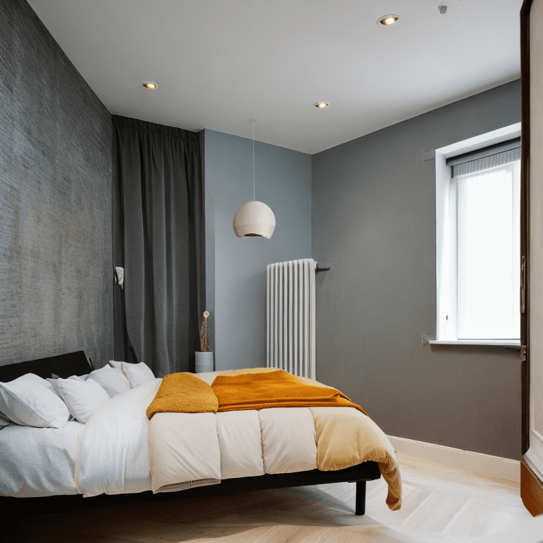 AI generated: Scandinavian bedroom interior design bedroom, 3x3m² space, double bed, workspace, wardrobe, and en-s...