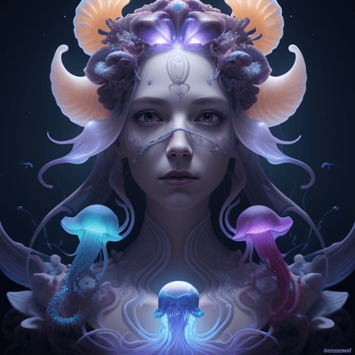 AI generated: Goddess close-up portrait ribcagel. jellyfish phoenix head, nautilus, orchid, skull, betta fish, bio...