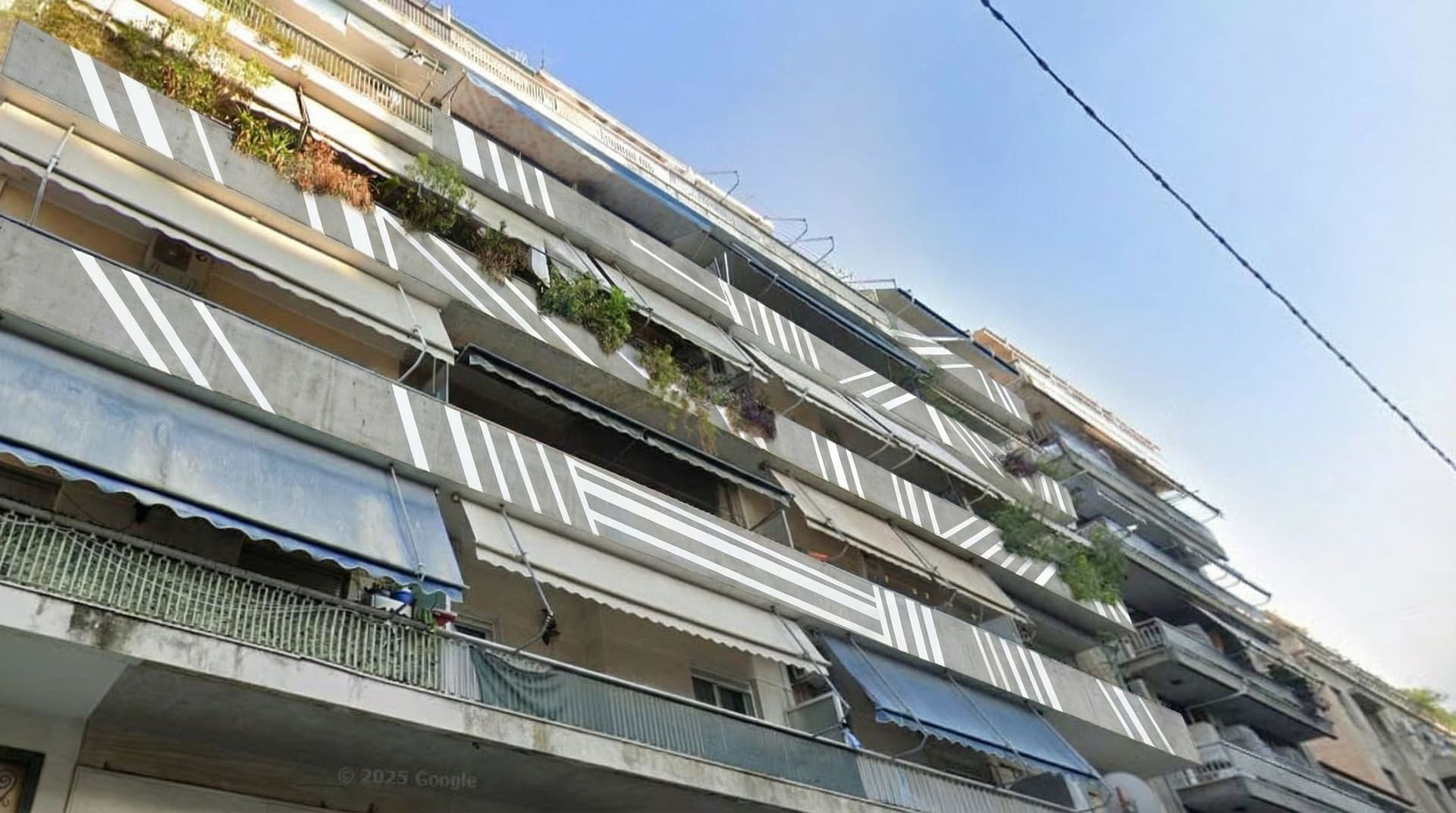 AI generated: Add white different angled stripes of various width in the facade of the balconies that hold vegetat...