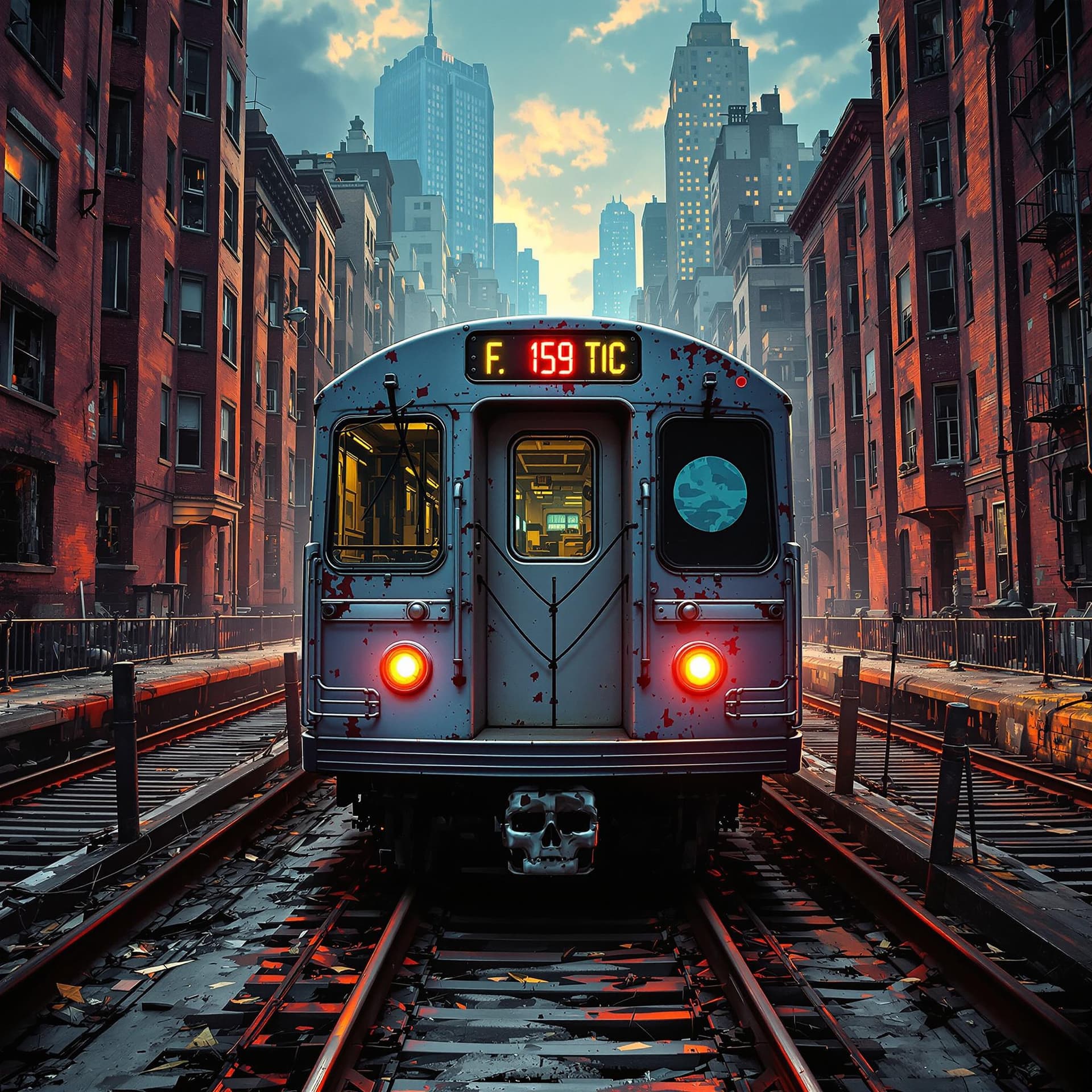 AI generated: front view of an old 1980 nyc subway car with color highlights on it moving forward, behind the trai...