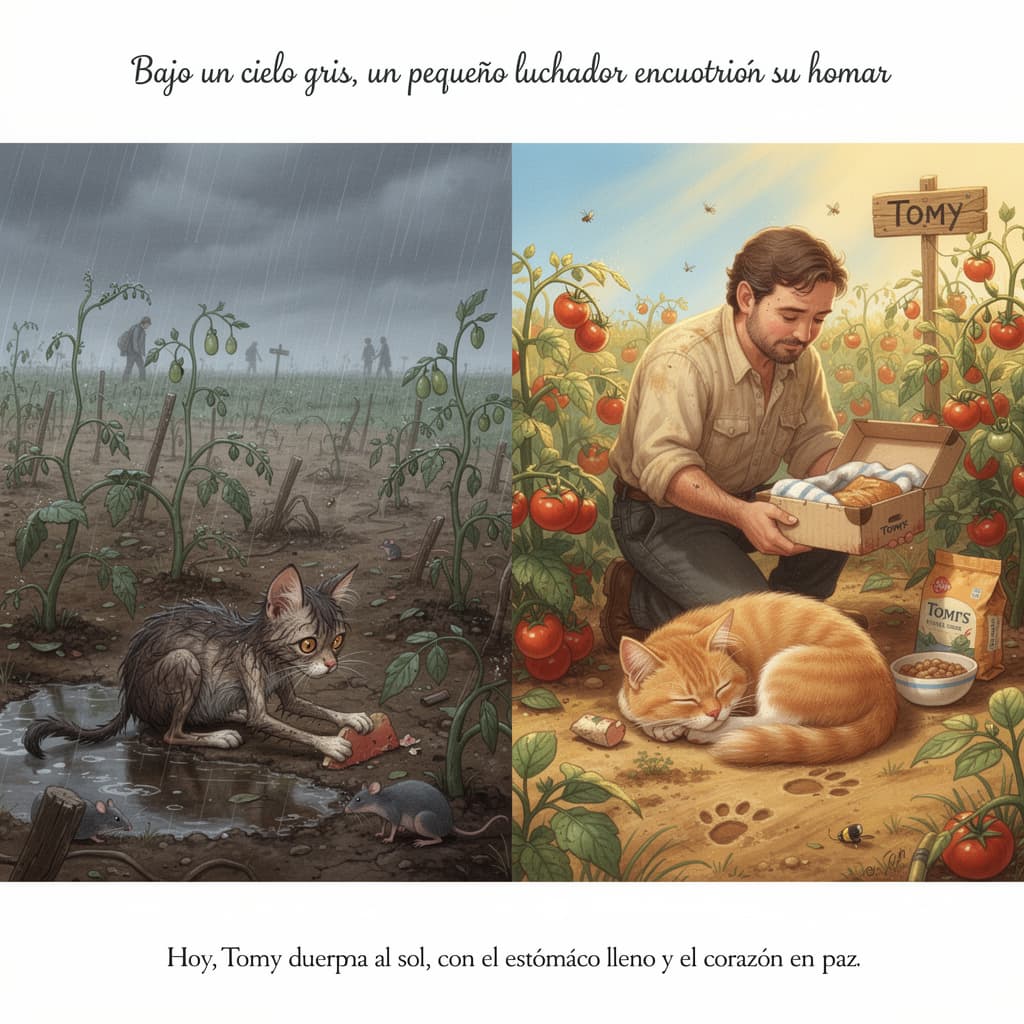 AI generated: Bajo un cielo gris y una lluvia interminable, vivía un pequeño gato callejero llamado Tomy.
No tenía...