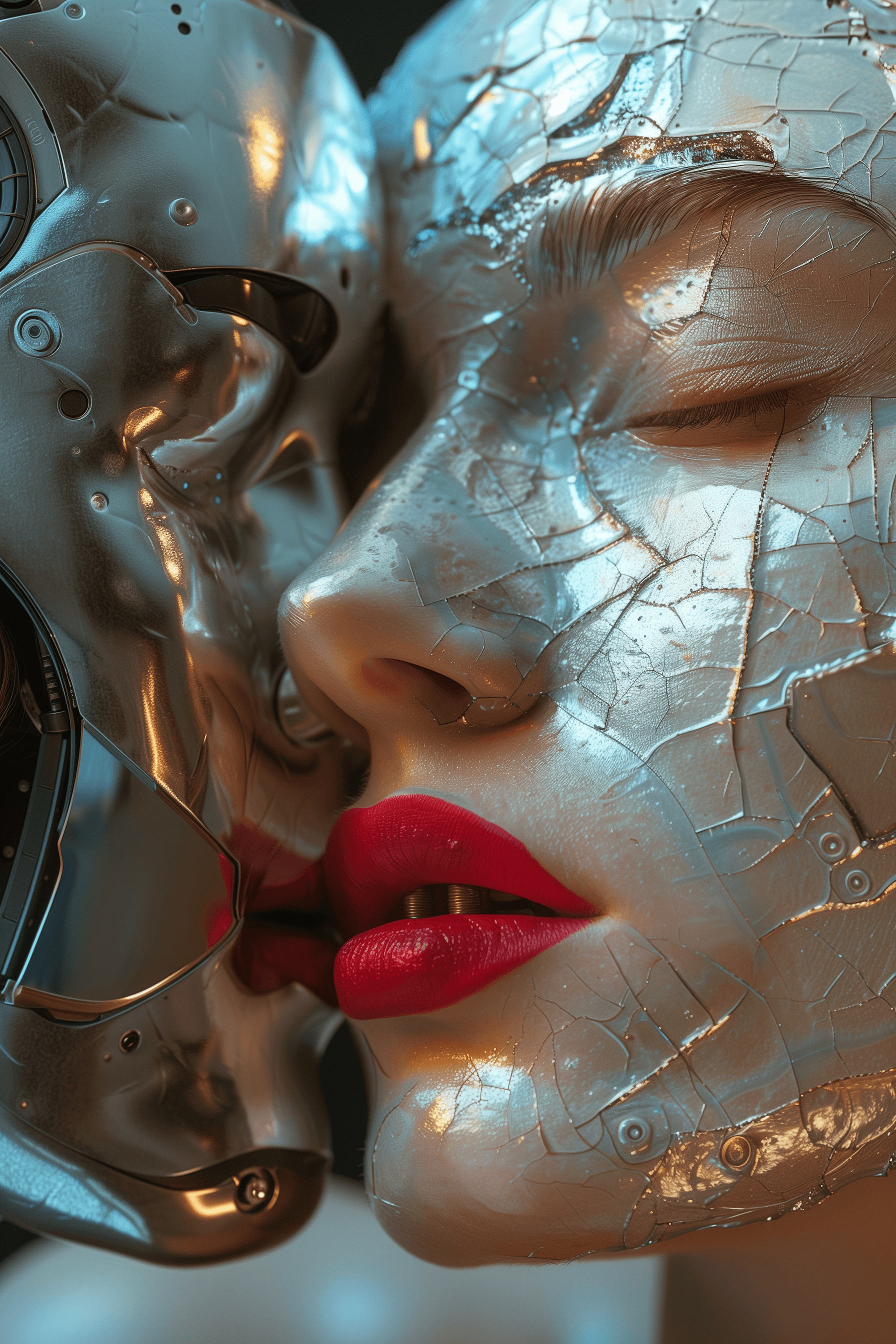AI generated: A portrait of two model with porcelain skin, face is cracked and has been repaired using cybernetic ...