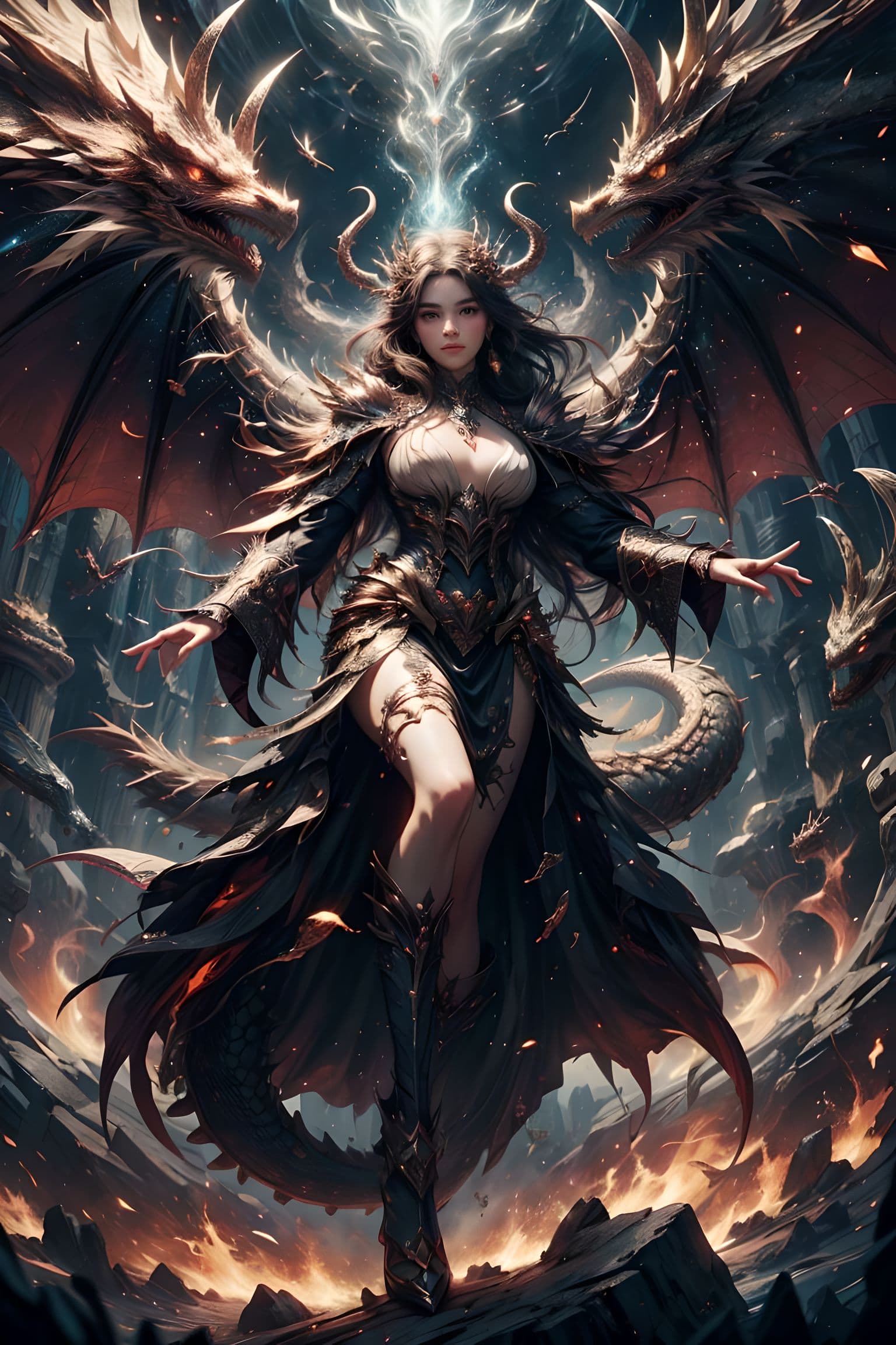 AI generated: A powerful and elegant woman perfectly integrated with the essence of the dragon, Imaginative and vi...