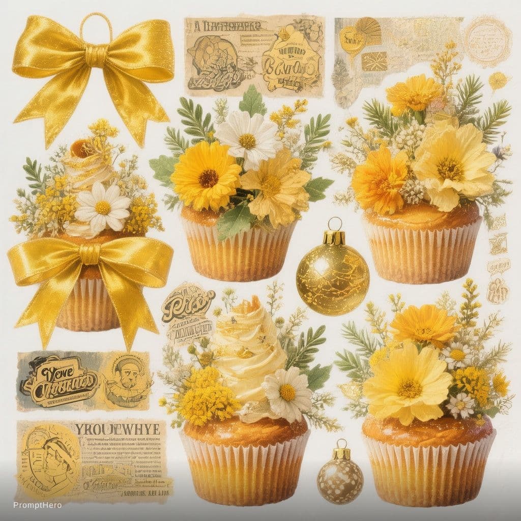 AI generated: assorted vintage cupcakes covered with  flowers and greenery, bows, ornaments all in sunshine yellow...