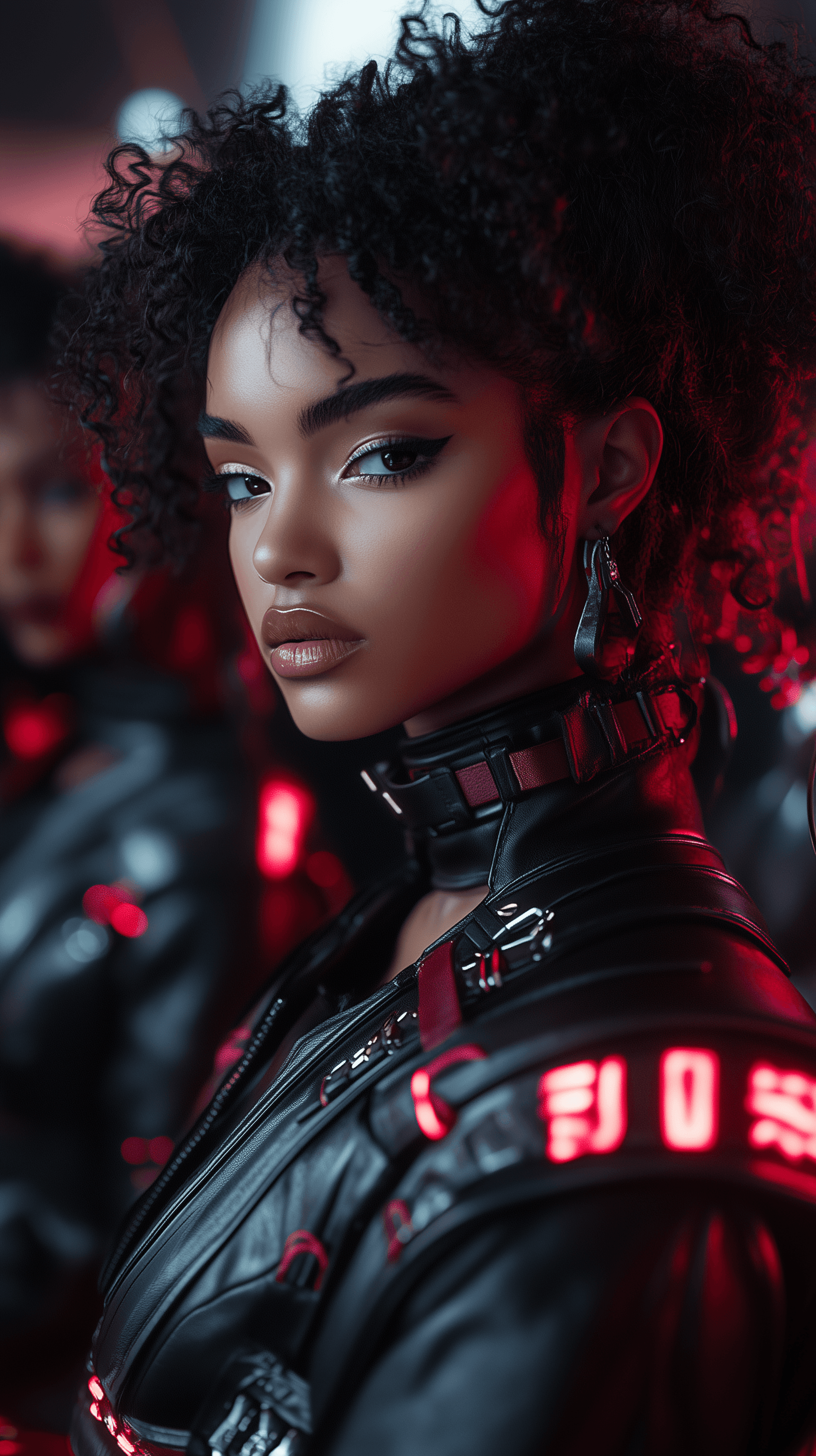 AI generated: young women clad in bold, maximalist leather fashions, complete with intricate, Set against the back...