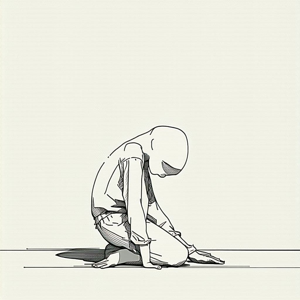 AI generated: "A minimalistic line-art sketch of a human figure, wearing pajamas, with head, chest and stomach on ...