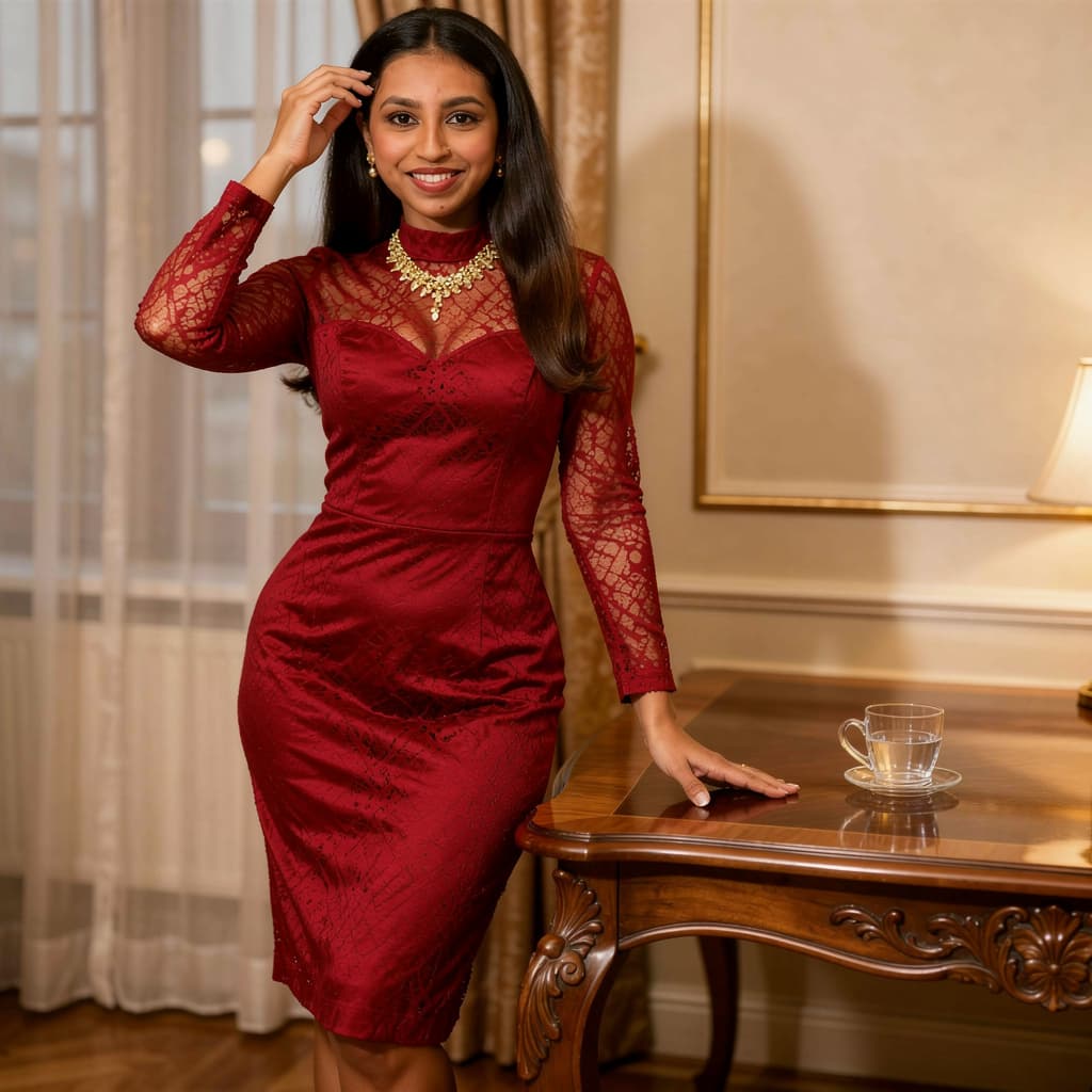 AI generated: oman , posing in an elegant indoor wenvironment. She wears a red lace lingerie set with details on f...