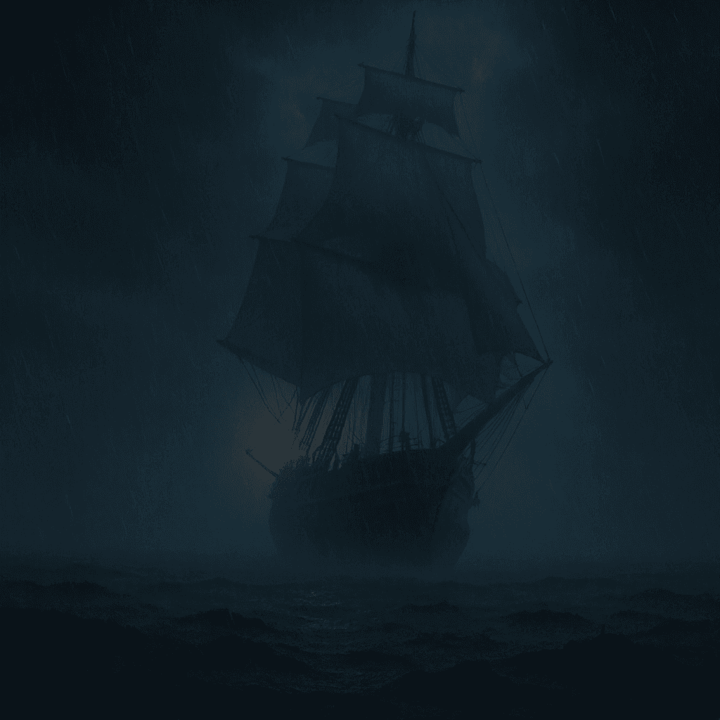 AI generated: A ghost ship sailing through a stormy night, lanterns glowing through the fog.