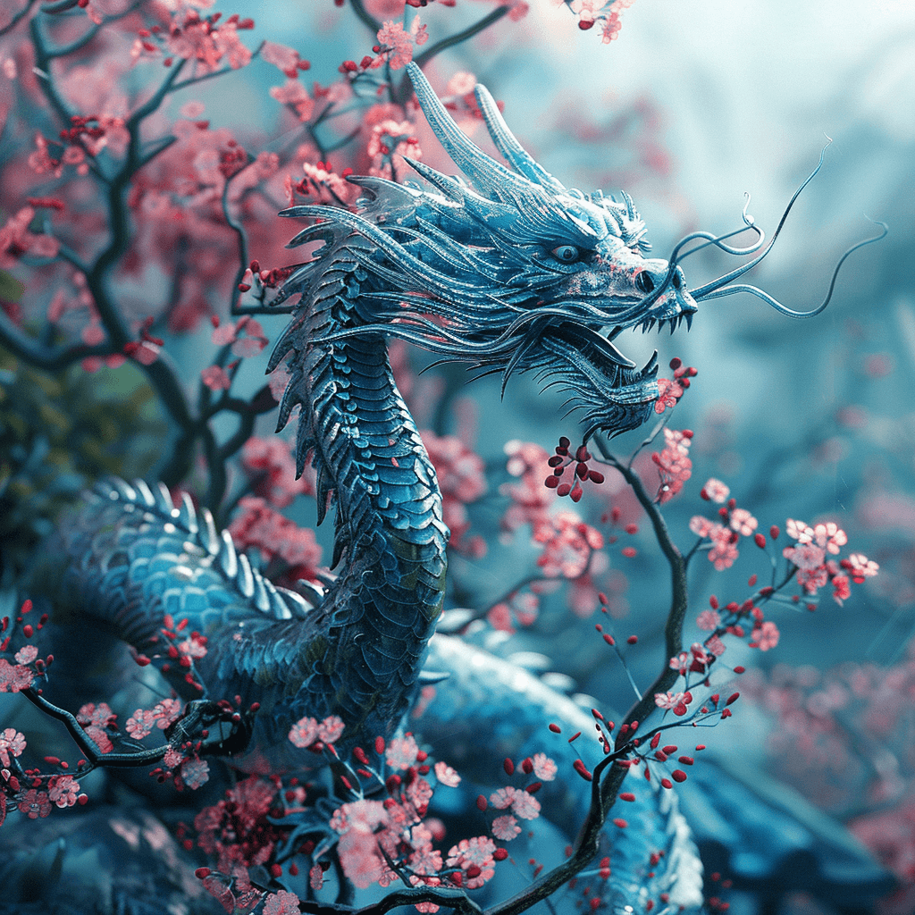 AI generated: an image of a blue dragon that is in a Japanese garden. cherries are blooming in the garden. super d...