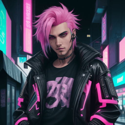 AI generated: A man with a handsome face and beautiful sleepy eyes wearing a black jacket and bright neon pink hai...