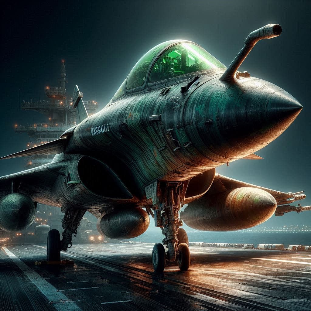 AI generated: Dramatic angled portrait of Dassault Rafale fighter jet, stand by on Aircraft Carrier- mottled deep ...