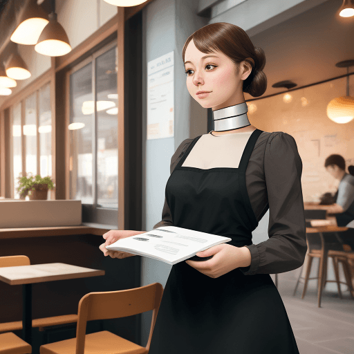 AI generated: An artificial intelligence hand holding a menu, with the cafe interior in the background