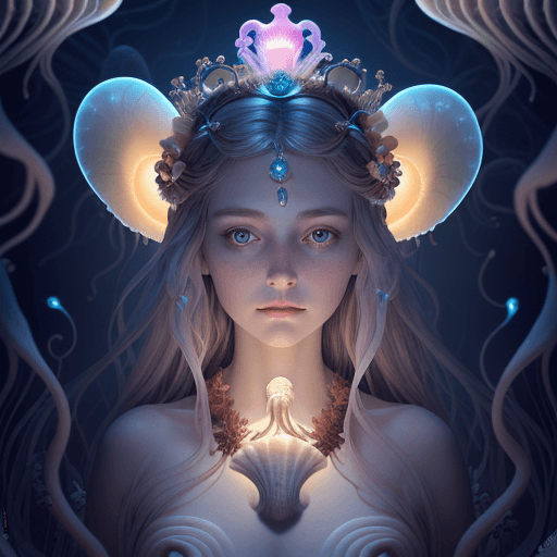 AI generated: A close-up portrait of a goddess with a ribcage jellyfish head, a nautilus shell for a crown, and an...