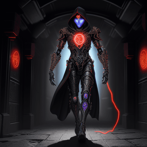 AI generated: Generate an image of a cybernetic mystic in an ancient corridor. The figure has a robotic face with ...
