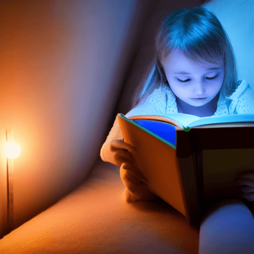 AI generated: little girl read book, moon light, emitting blue light, shallow depth of field volumetric lighting, ...