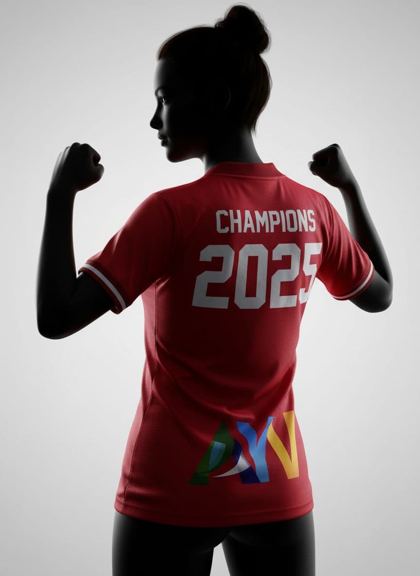 AI generated: A rear view  female body type realistic 3D mock-up of a red soccer jersey in a rear-view power pose,...
