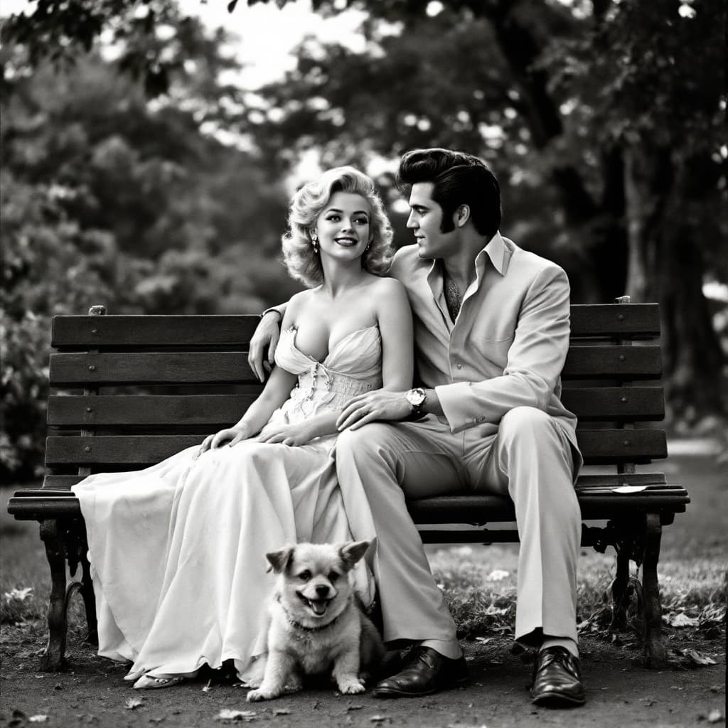 AI generated: Marilyn Monroe and Elvis Presley during the Cuban missile crisis are sitting on a parkbench in hide ...