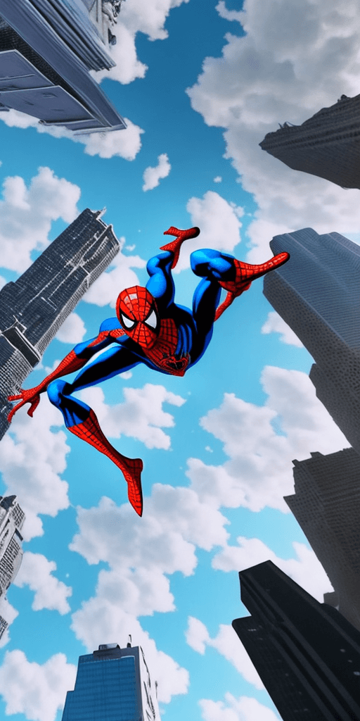 AI generated: spiderman hanging in one  straight white filament, spiderman is high, skyscrapers landscape, clouds
...