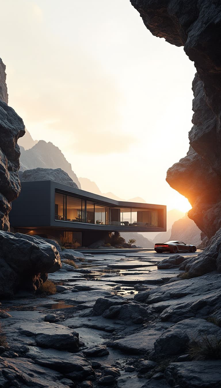 AI generated: the futuristic house in a rocky area with car, rock and house, in the style of dark gray and dark bl...