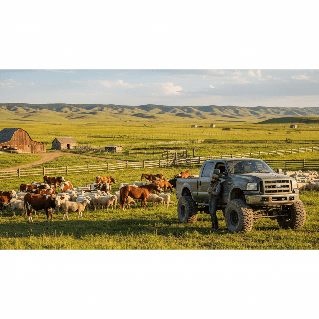 AI generated: A ranch with livestock, cattle, sheep and horses, and a huge green olive pick-up truck with huge whe...