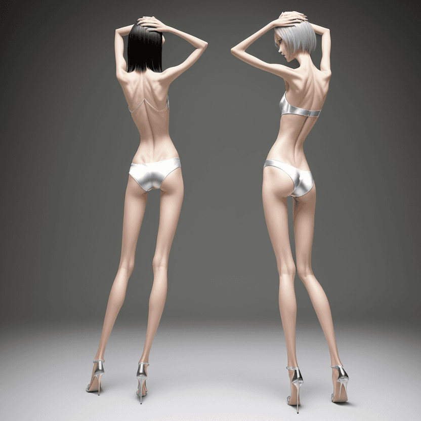 AI generated: photo of two an extremely skinny, flat-chested models with extreme long and skinny legs with extreme...