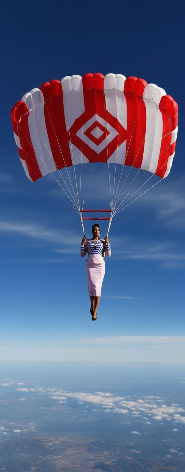 AI generated: woman descending from a blue sky with beautiful  sky  in a very huge red and white pattern parachute...
