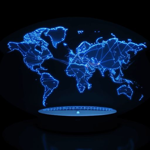 AI generated: global social network map with 3d people on dark blue background, each of them light up, connect to ...