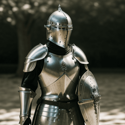 AI generated: A highly detailed scene depicting a knight wearing a heaume. The knight appears wearing black plate ...