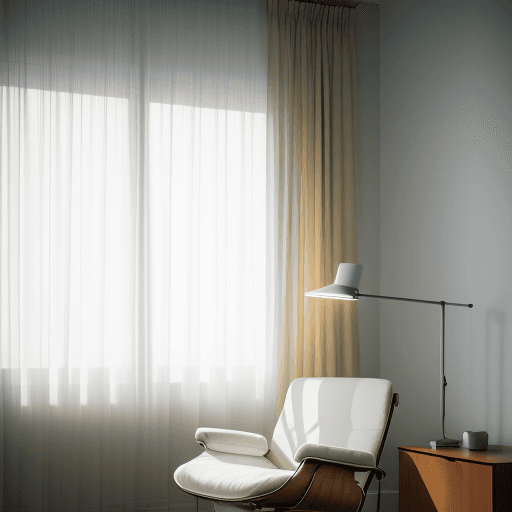 AI generated: mid-sized living room with a candid angle, dieter rams 620 chair program, flos arco floor lamp, Niko...